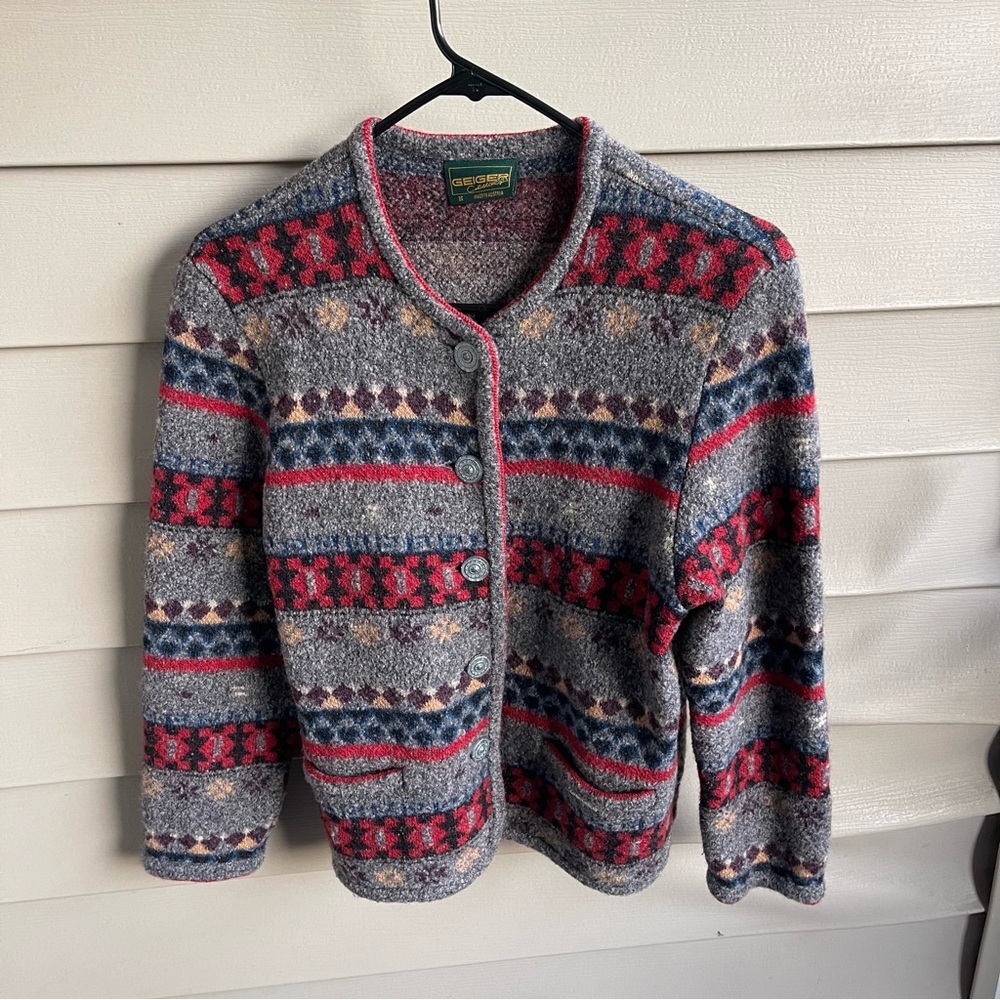 Geiger Sz 36‎ Button Up Knit Jacket Cardigan Blue Grey Wool Blend Pockets Logo